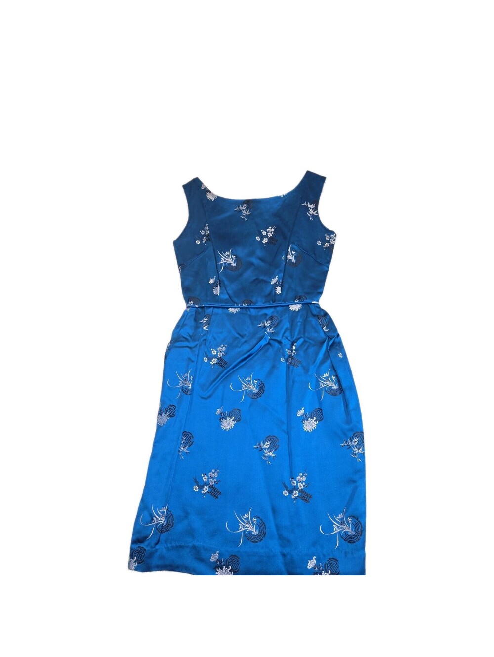 vintage silk blend dress Asian Inspired Royal Blue With Floral Embroidery 50s...